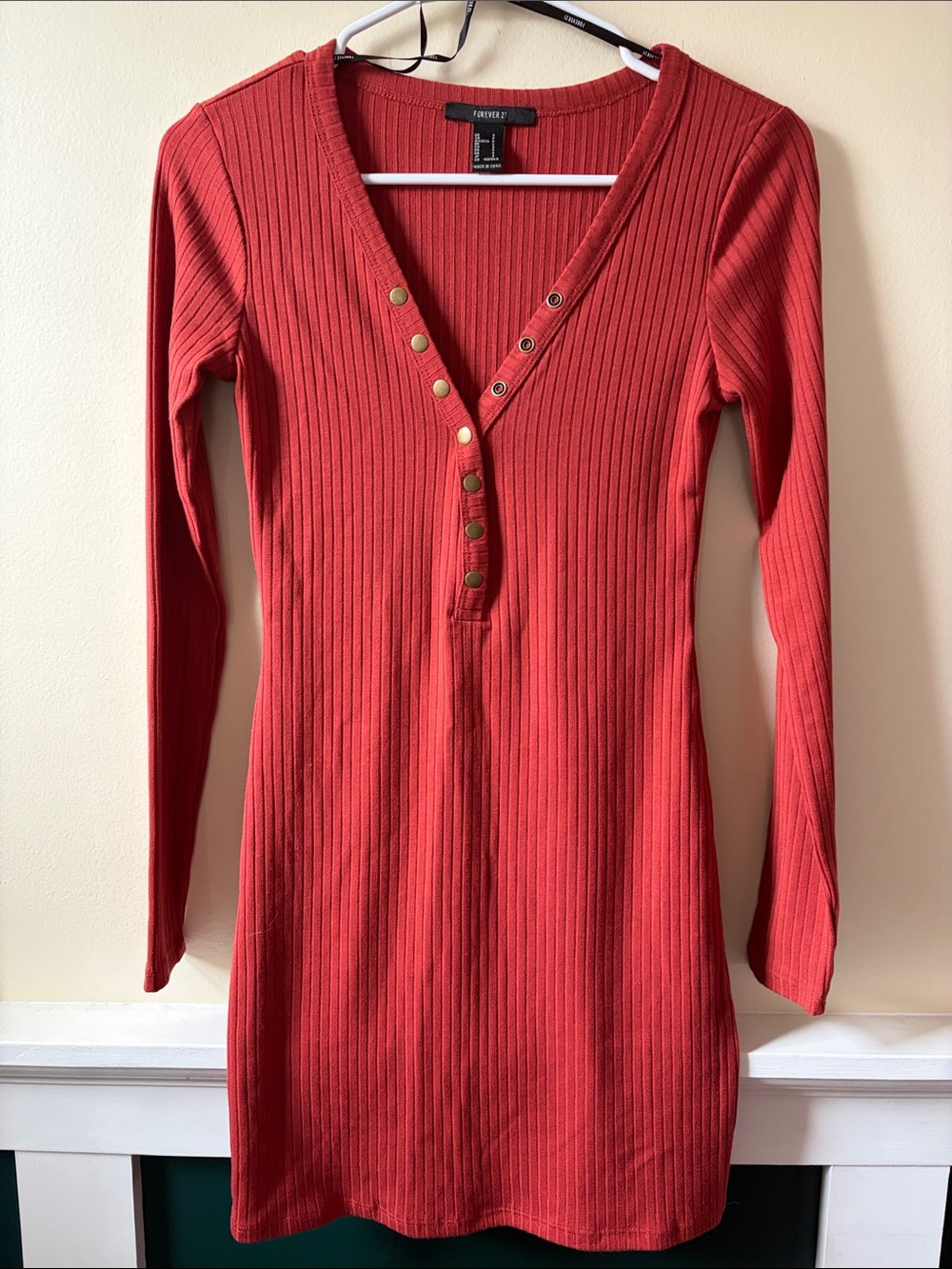 Forever 21 Coral-Red Ribbed Long Sleeve Snap-Front Dress